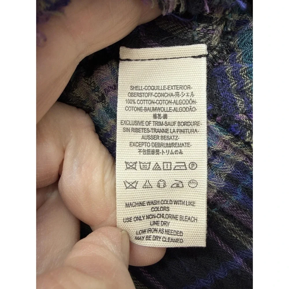Free People Shirt Womens XS Purple Plaid Button Front Frayed Hem Tunic‎ Top
